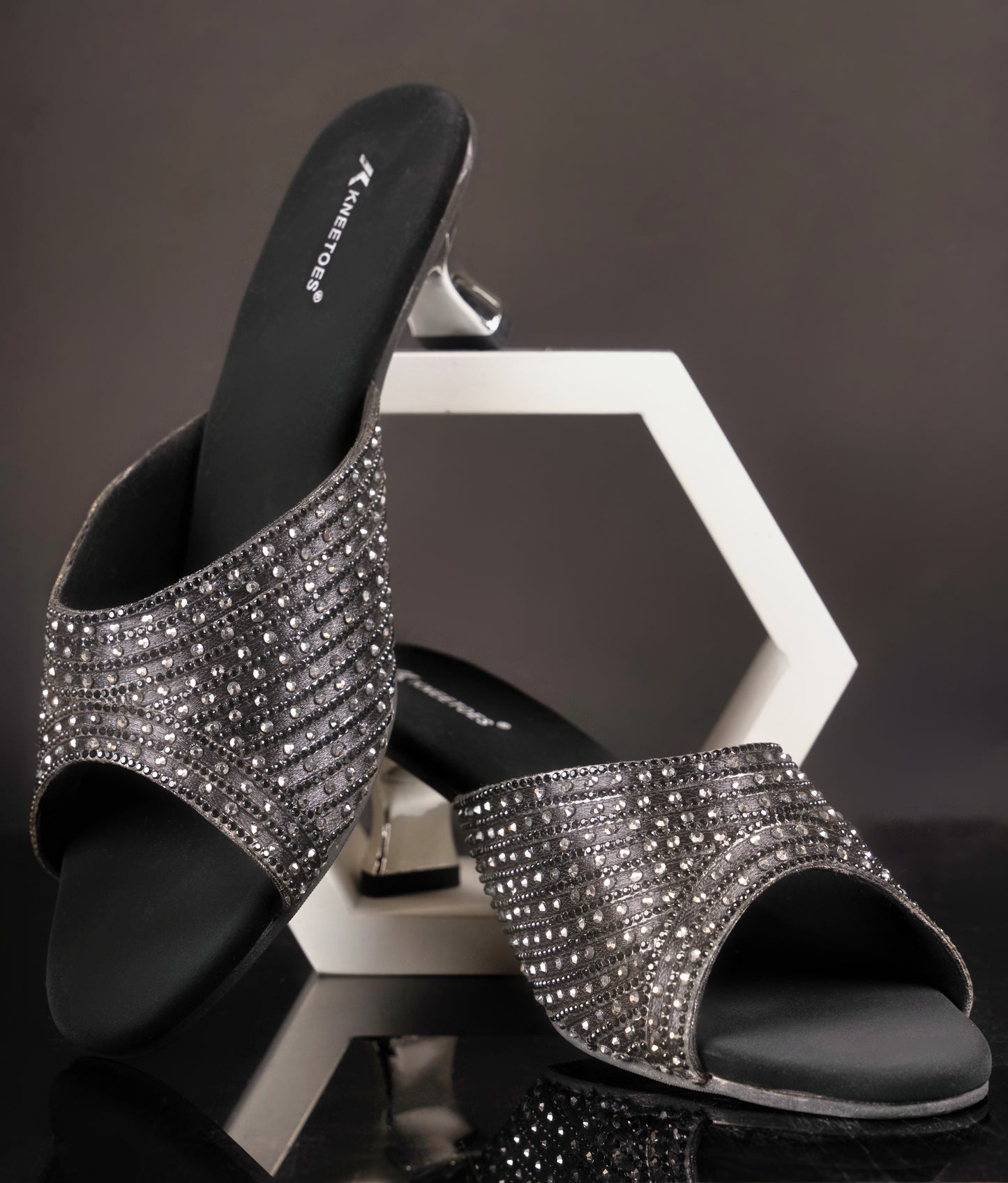 Exquisite Zari Black Kitten Heel Slippers For Party Wear