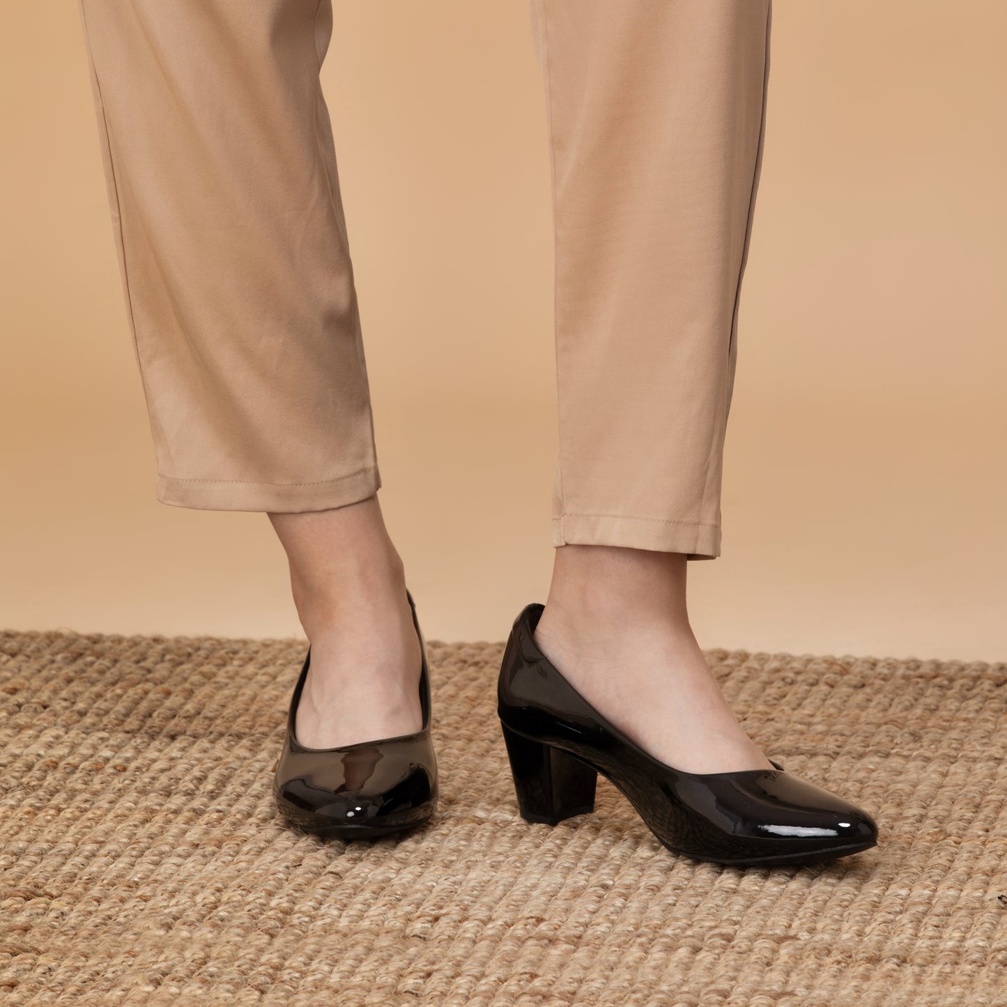 Chic Glossy Black Block Heel Pumps For Office Comfort