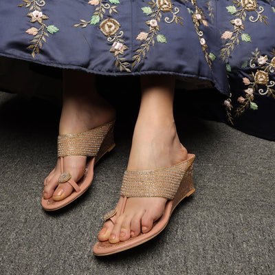 Pearl Chic Rose-Gold Wedge Sandals