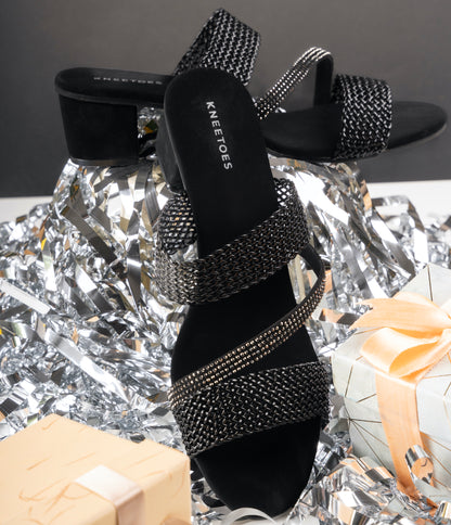 Chic Glitter Black Box Heel Slippers For Everyday Casuals