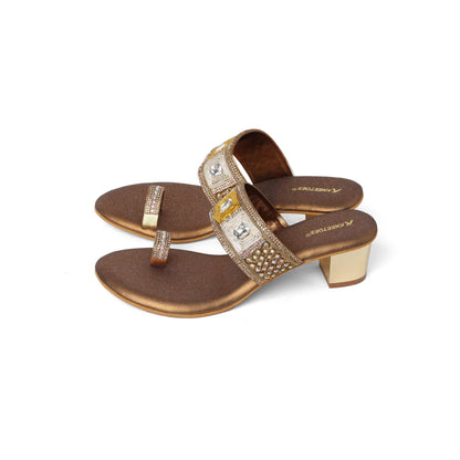 Glam Studded Bronze Block Heel Sandals