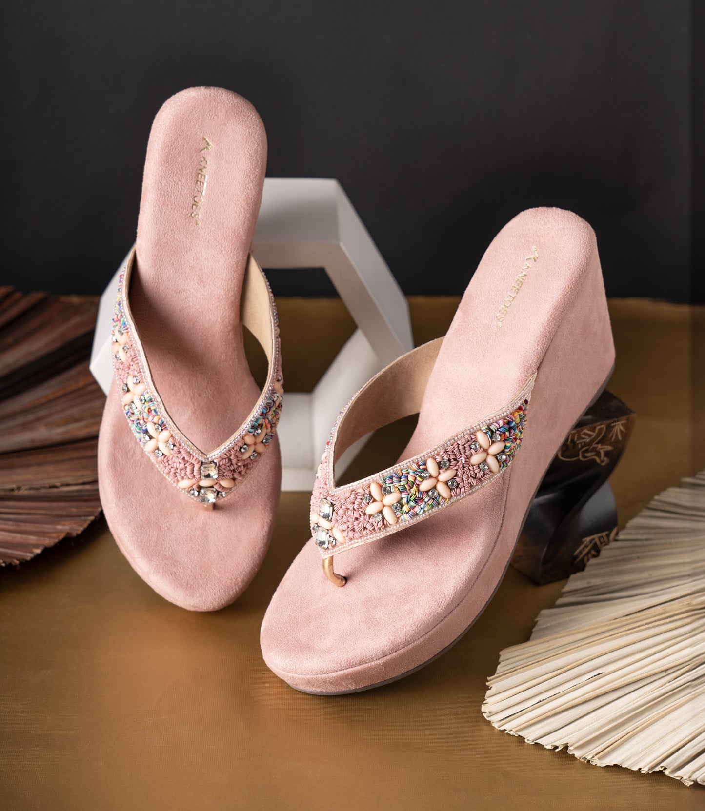 Sophisticated Zari Rose Gold Wedge Heel Slippers For Everyday Casuals