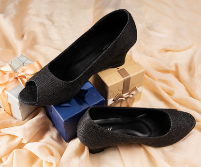 Sleek Glitter Black Wedge Heel Pumps For Wedding Wear