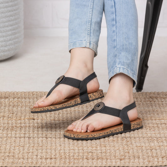 Contemporary Cork Sole Black Flat Sandals For Office Comfort